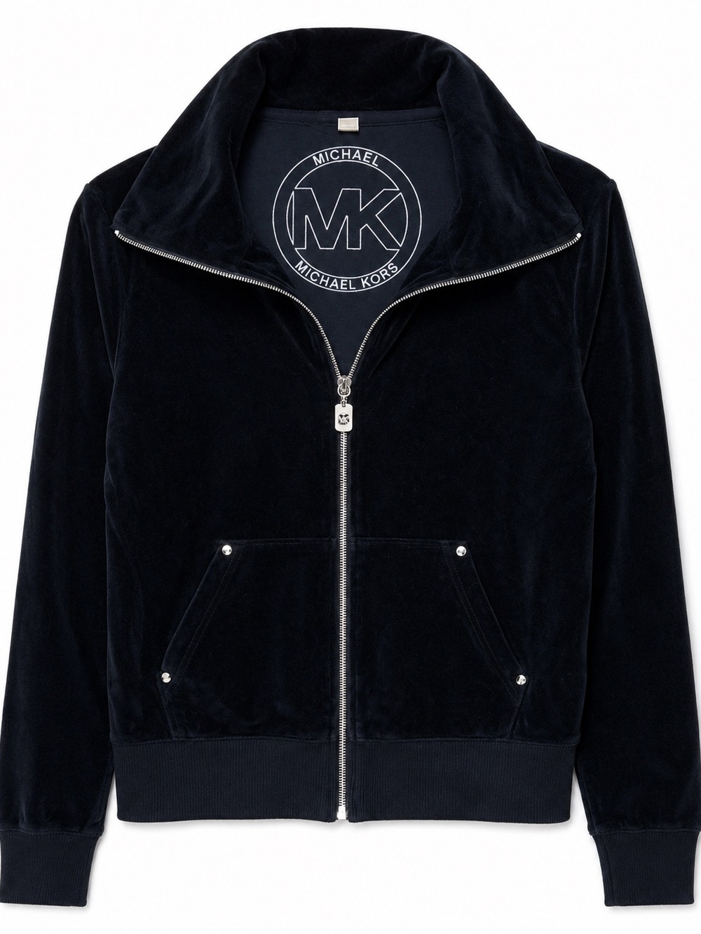 Michael Kors Womens Navy Velour Zip Up Track Jacket Size L MK Logo